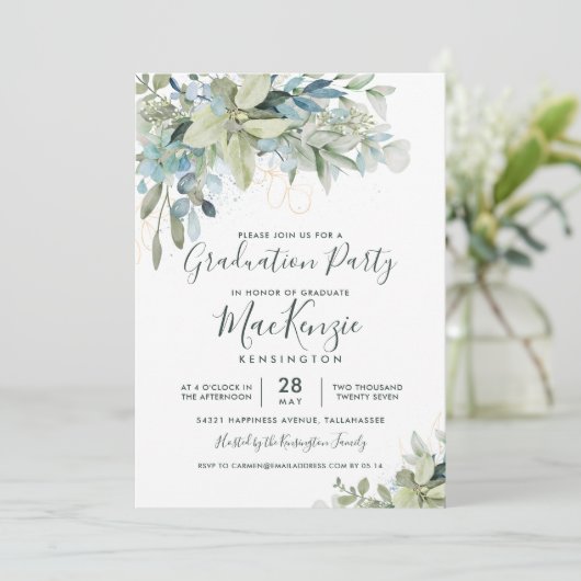 Elegant Eukalyptus Greenery Graduation Party Einladung (Stehend Vorderseite)