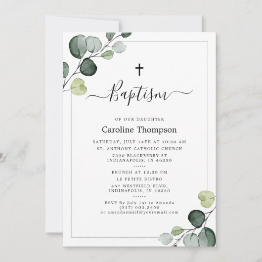 Elegant Eukalyptus Greenery Green Baptism Einladung (Vorderseite)