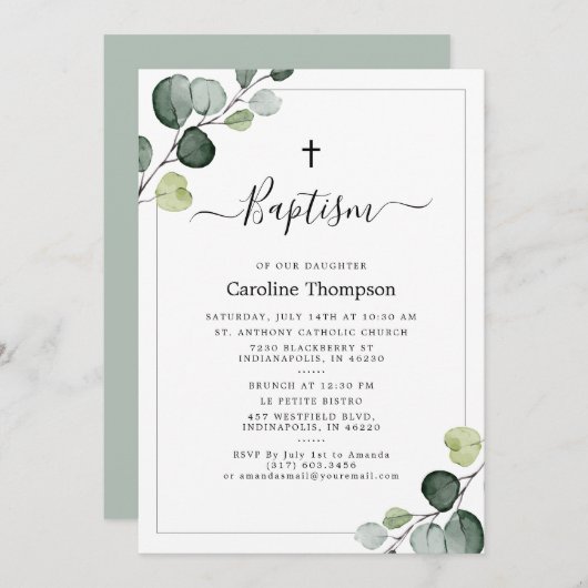 Elegant Eukalyptus Greenery Green Baptism Einladung (Vorne/Hinten)