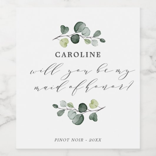 Elegant Eukalyptus Greenery Made of Honor Vorschla Weinetikett (Einzelnes Label)