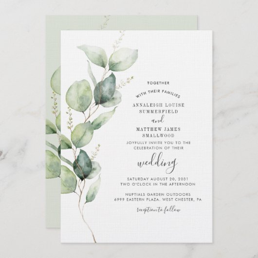 Elegant Eukalyptus Greenery Moderne Hochzeit Einladung (Vorne/Hinten)