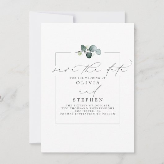 Elegant Eukalyptus Greenery Save the Date Ankündigung (Vorderseite)