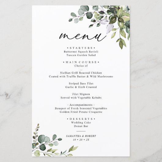 Elegant Eukalyptus Greenery Simple Wedding Menu (Vorderseite)