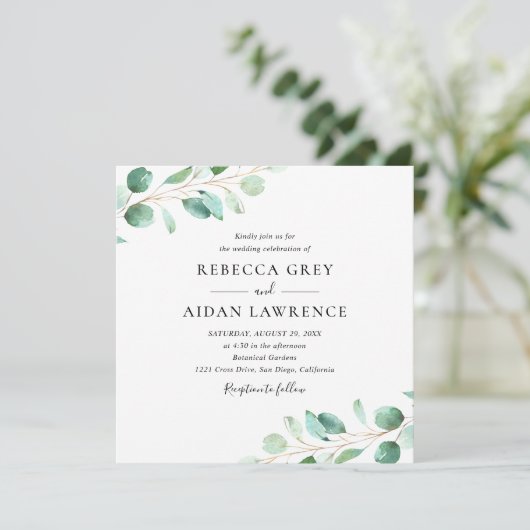 Elegant Eukalyptus Greenery Square Wedding Einladung (Stehend Vorderseite)