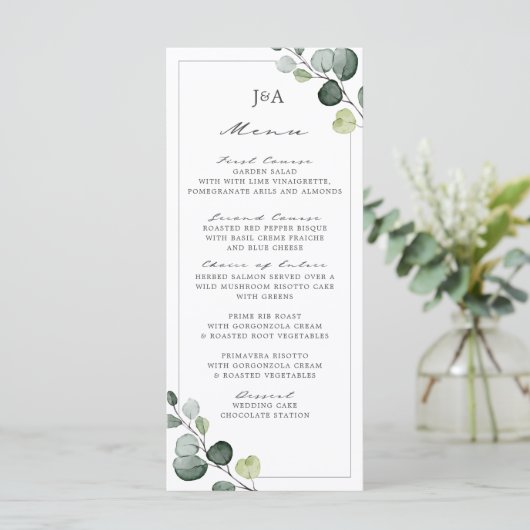 Elegant Eukalyptus Greenery Vier Course Menükarte (Stehend Vorderseite)