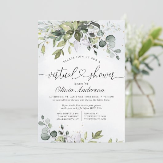 Elegant Eukalyptus Greenery Virtual Brautparty Einladung (Stehend Vorderseite)