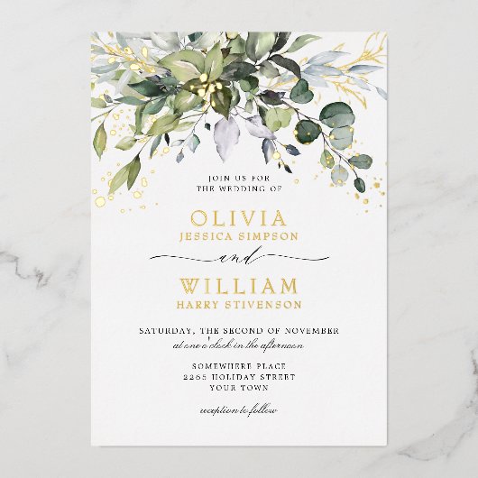 Elegant Eukalyptus Greenery Wedding Foto Gold Folieneinladung (Vorderseite)