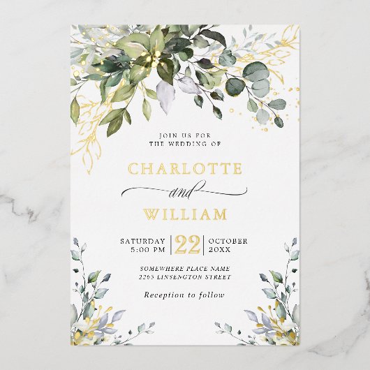 Elegant Eukalyptus Greenery Wedding Gold Folieneinladung (Vorderseite)