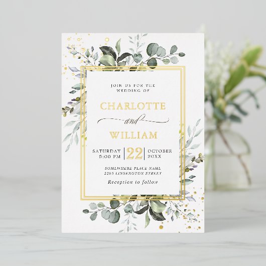 Elegant Eukalyptus Greenery Wedding Gold Folieneinladung (Stehend vorne)