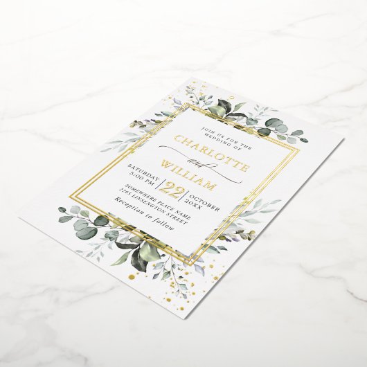 Elegant Eukalyptus Greenery Wedding Gold Folieneinladung (Gedreht)