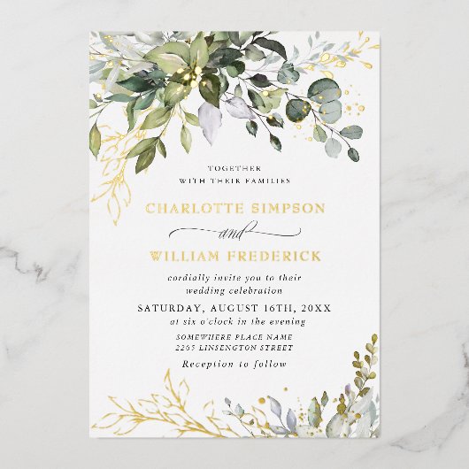 Elegant Eukalyptus Greenery Wedding Gold Folieneinladung (Vorderseite)