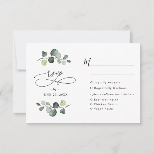 Elegant Eukalyptus Greenery Wedding Meal Optionen RSVP Karte (Vorderseite)