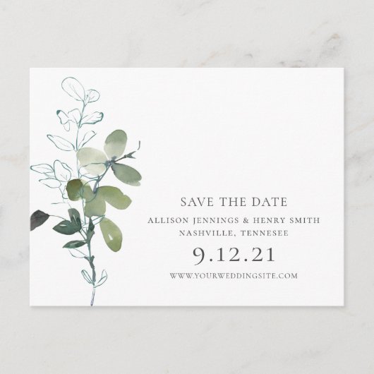 Elegant Eukalyptus Greenery Wedding Save the Date Ankündigungspostkarte (Vorderseite)
