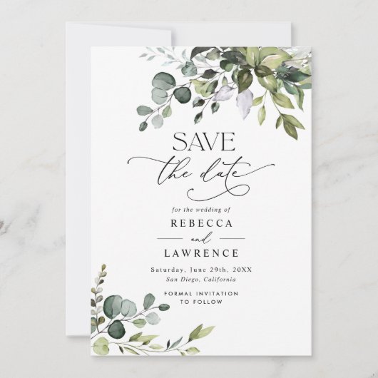 Elegant Eukalyptus Greenery Wedding Save the Date Einladung (Vorderseite)
