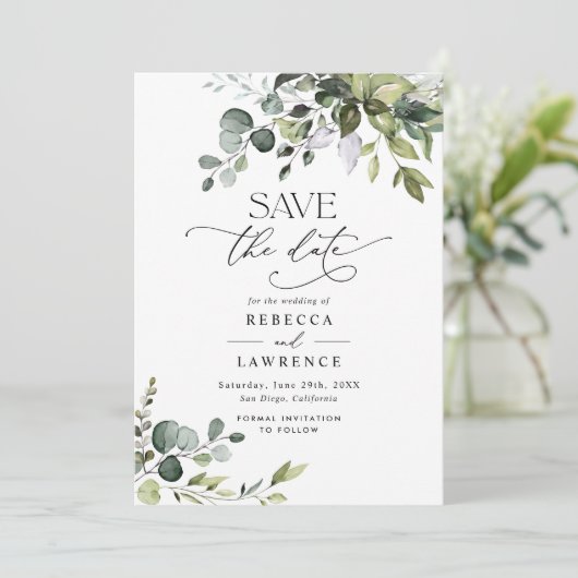 Elegant Eukalyptus Greenery Wedding Save the Date Einladung (Stehend Vorderseite)