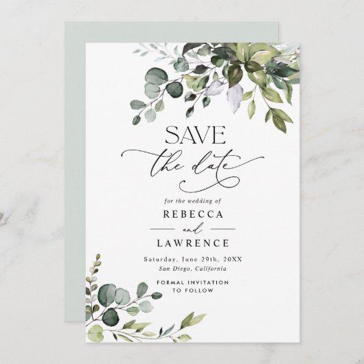 Elegant Eukalyptus Greenery Wedding Save the Date Einladung (Vorne/Hinten)