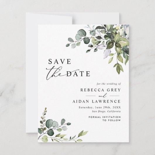 Elegant Eukalyptus Greenery Wedding Save the Date Einladung (Vorderseite)