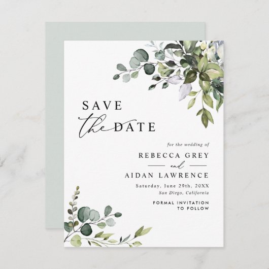 Elegant Eukalyptus Greenery Wedding Save the Date Einladung (Vorne/Hinten)