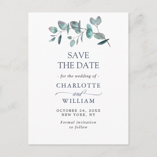 Elegant Eukalyptus Greenery Wedding Save the Date Postkarte (Vorderseite)