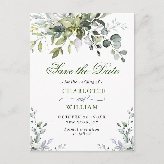 Elegant Eukalyptus Greenery Wedding Save the Date Postkarte (Vorderseite)
