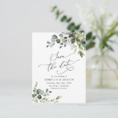 Elegant Eukalyptus Greenery Wedding Save the Date Postkarte (Stehend Vorderseite)