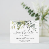 Elegant Eukalyptus Greenery Wedding Save the Date Postkarte (Stehend Vorderseite)