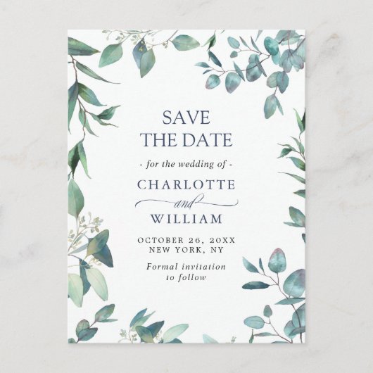 Elegant Eukalyptus Greenery Wedding Save the Date Postkarte (Vorderseite)