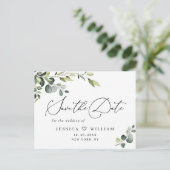 Elegant Eukalyptus Greenery Wedding Save the Date Postkarte (Stehend Vorderseite)