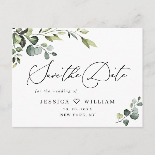 Elegant Eukalyptus Greenery Wedding Save the Date Postkarte (Vorderseite)