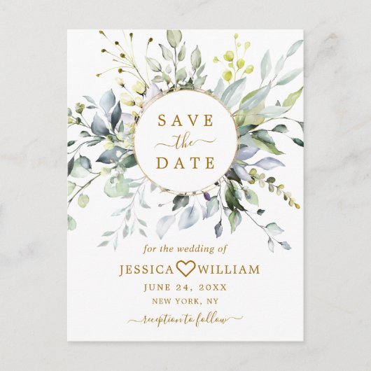 Elegant Eukalyptus Greenery Wedding Save the Date Postkarte (Vorderseite)