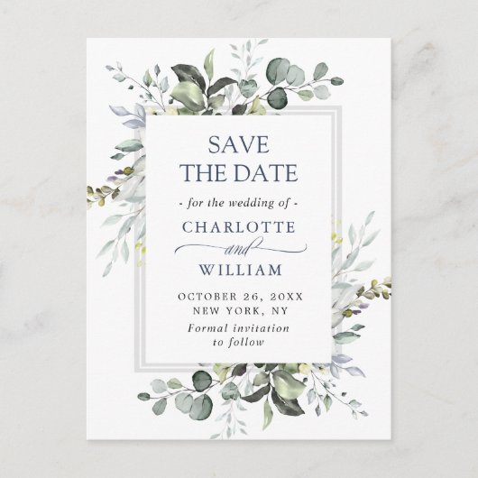 Elegant Eukalyptus Greenery Wedding Save the Date Postkarte (Vorderseite)