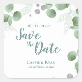 Elegant Eukalyptus Greenery Wedding Save the date Quadratischer Aufkleber (Vorderseite)