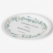 Elegant Eukalyptus Grün Gold Pappteller (Schrägansicht)