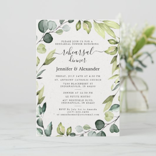 Elegant Eukalyptus Grüne Probe Abendessen Einladung (Stehend Vorderseite)
