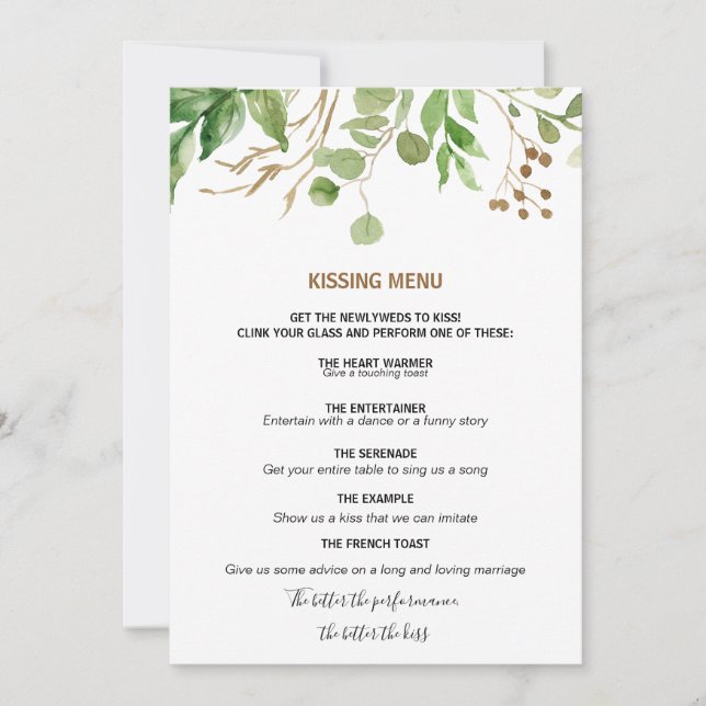 Elegant Eukalyptus Leaf Greenery Kissing Menu (Vorderseite)