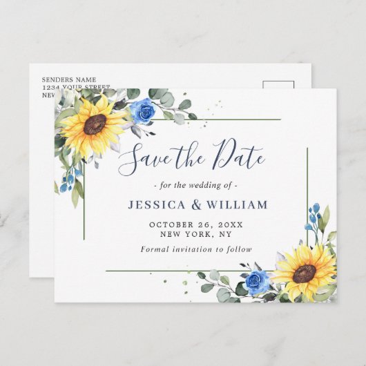 Elegant Eukalyptus Sonnenblumen Hochzeit speichern Ankündigungspostkarte (Vorne/Hinten)