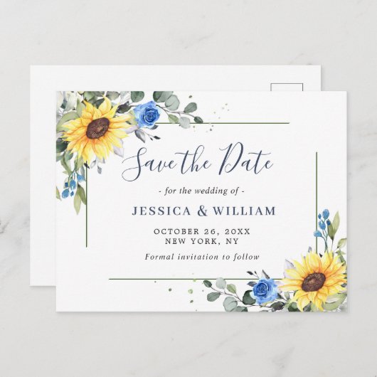 Elegant Eukalyptus Sonnenblumen Hochzeit speichern Postkarte (Vorne/Hinten)