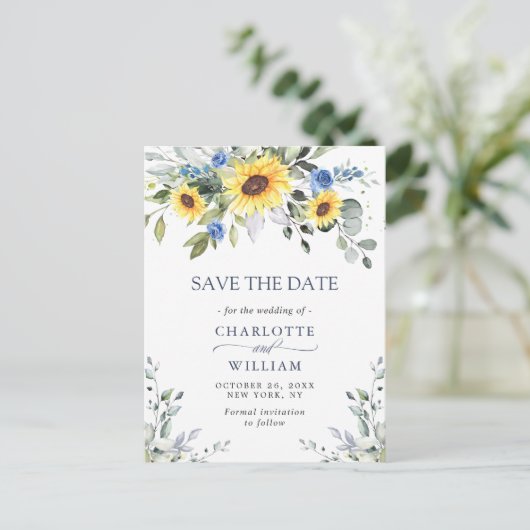 Elegant Eukalyptus Sonnenblumen Hochzeit speichern Postkarte (Stehend Vorderseite)