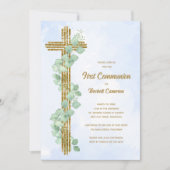 Elegant Eukalyptus und Cross Blue First Communatio Einladung (Vorderseite)