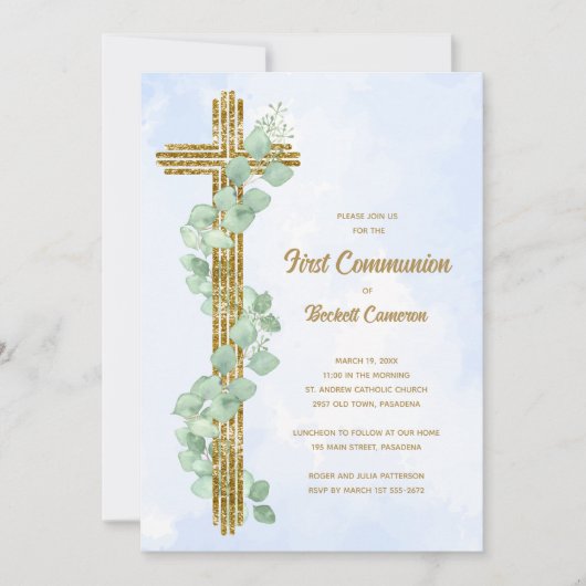 Elegant Eukalyptus und Cross Blue First Communatio Einladung (Vorderseite)
