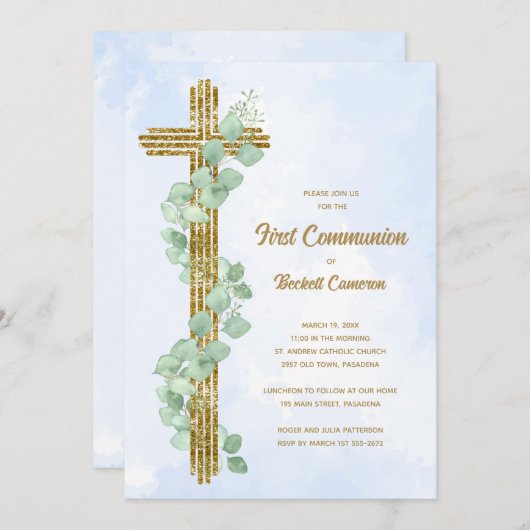 Elegant Eukalyptus und Cross Blue First Communatio Einladung (Vorne/Hinten)