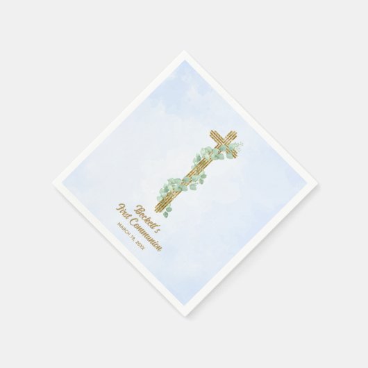 Elegant Eukalyptus und Cross Blue First Communatio Serviette (Ecke)