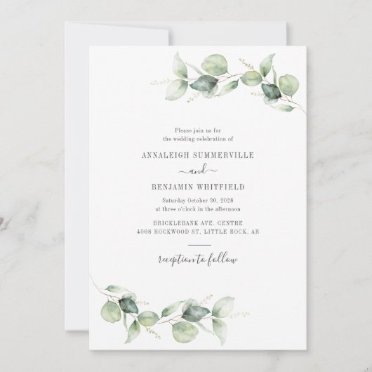 Elegant Eukalyptus Verlasse Grüne Rustikale Hochze Einladung (Vorderseite)