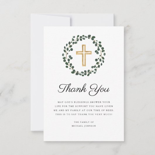 Elegant Eukalyptus Wreath Religious Cross Beerdigu Dankeskarte (Vorderseite)
