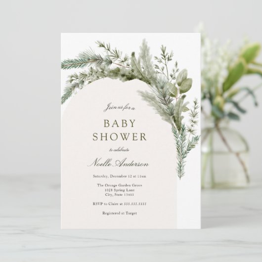 Elegant Evergreen Arch Baby Shower Einladung (Stehend Vorderseite)