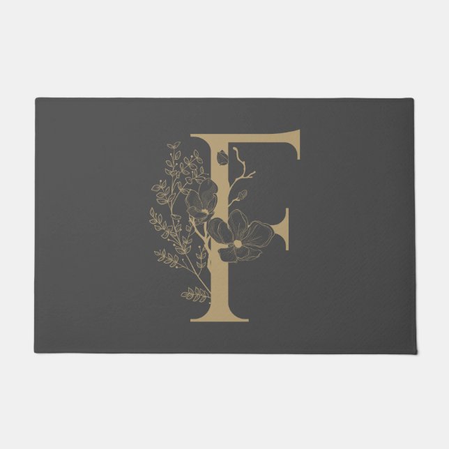 Elegant F Boho Floral Monogram Initial Gray Gold Fußmatte (Vorderseite)