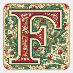 Elegant F Letter: Christmas Red and Gold Quadratischer Aufkleber