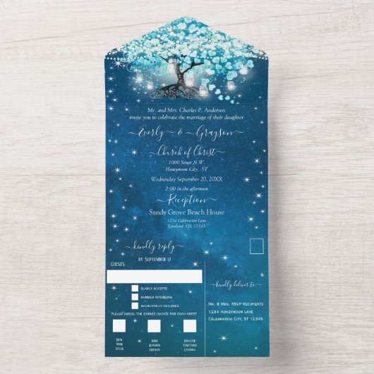 Elegant Fairy Lights Blue Heart Leaf Tree Wedding All In One Einladung (Innen Boden)