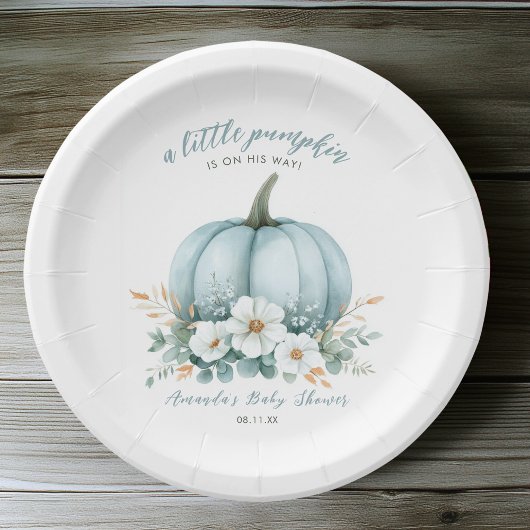 Elegant Fall Blue Pumpkin Floral Boy Baby Shower Pappteller