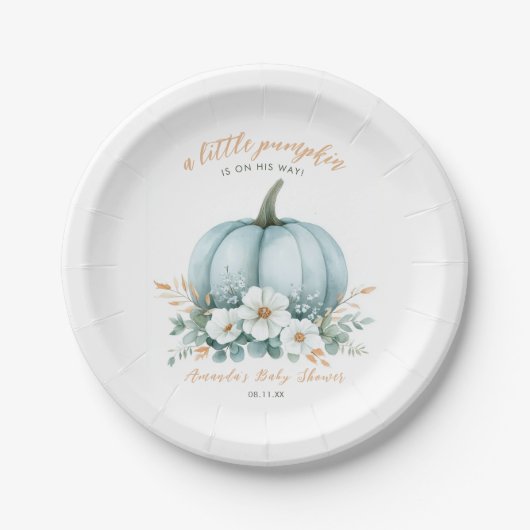 Elegant Fall Blue Pumpkin Floral Boy Baby Shower Pappteller (Vorderseite)